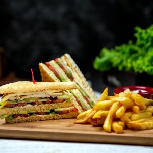 club sandwich with side french fries
